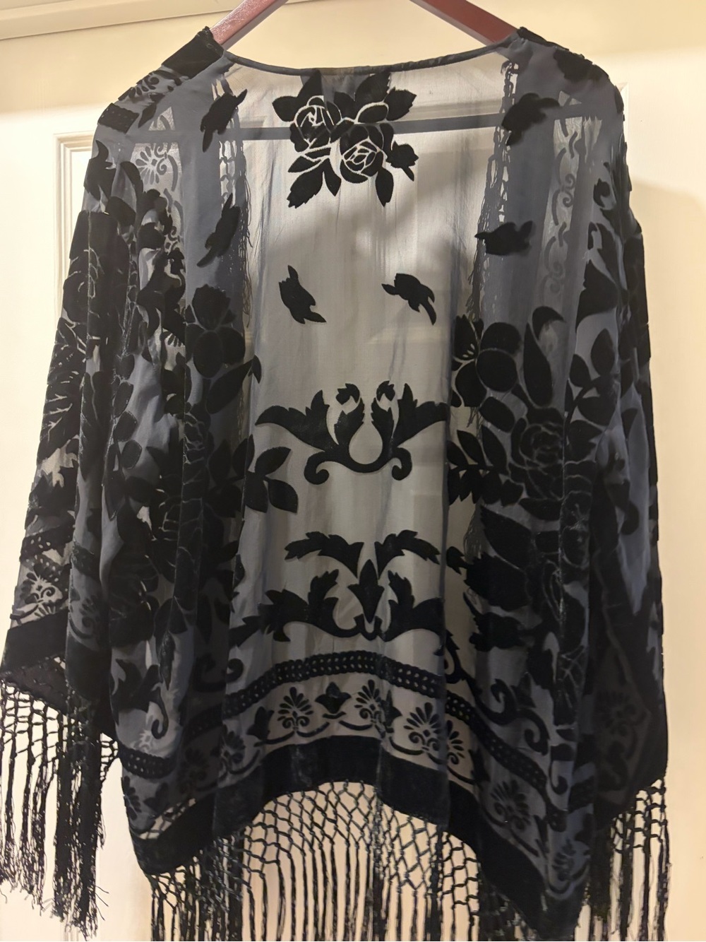 Women's Silk Black Sheer Velvet Burnout jacket with fringe